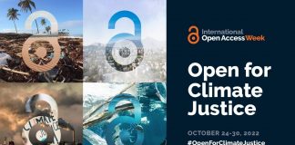 Four Open Access logos displayed in natural settings with the text: International Open Access Week. Open for Climate Justice. October 24-30, 2022 #OpenforClimateJustice.