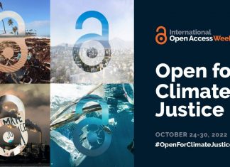 Four Open Access logos displayed in natural settings with the text: International Open Access Week. Open for Climate Justice. October 24-30, 2022 #OpenforClimateJustice.
