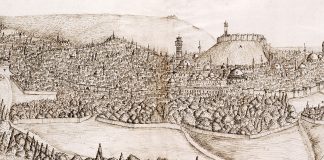 early modern illustration of a landscape with hills, trees, and walled city
