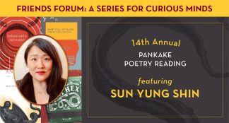 Photo of Sun Yung Shin with a collage of her book covers in the background and the title of the event alongside it