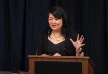 Sun Yung Shin reads from her work at the Pankake Poetry reading. Photo by Luke Logan