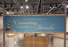 Exhibit banner at the Bell Gallery for the exhibition, Connecting Threads