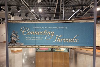 Exhibit banner at the Bell Gallery for the exhibition, Connecting Threads