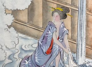 Illustrated scene from the Hakone hot springs