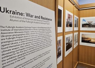 The "Ukraine: War and Resistance" exhibit on display in Elmer L. Andersen Library. (Photo/Karen Carmody-McIntosh)
