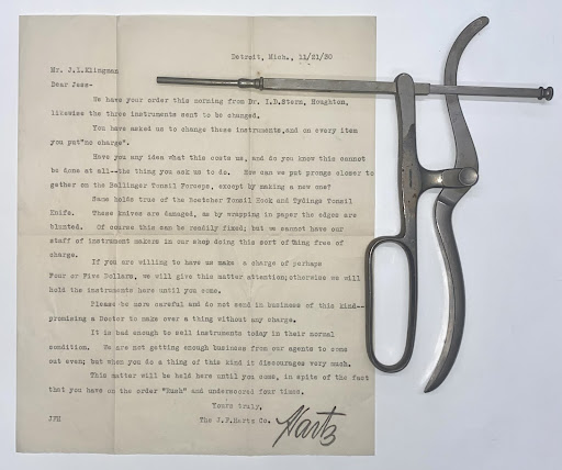 A typed letter from the Hartz Company to Klingman, alongside a Tydings tonsil snare