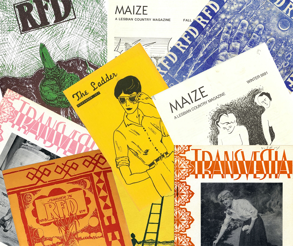 A collage of underground publications, held in the Tretter Collection in GLBT Studies
