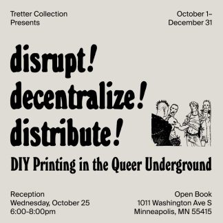 disrupt! decentralize! distribute! exhibit text and line illustration