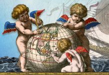 Illustrated cherubs holding globe with a tall sailing ship in the background, a collage of art from materials in the James Ford Bell Library
