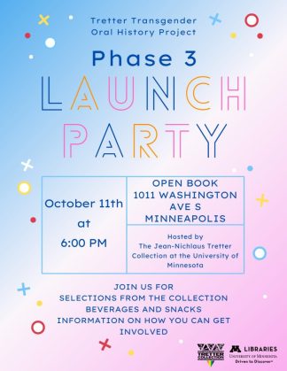 Phase 3 Launch Party flyer image with a trans flag gradient and text about the event