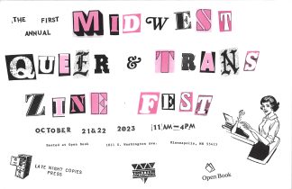 The First Annual Midwest Queer & Trans Zine Fest, flyer with lettering created in various typefaces as though it were cut and paste from other magazine headlines